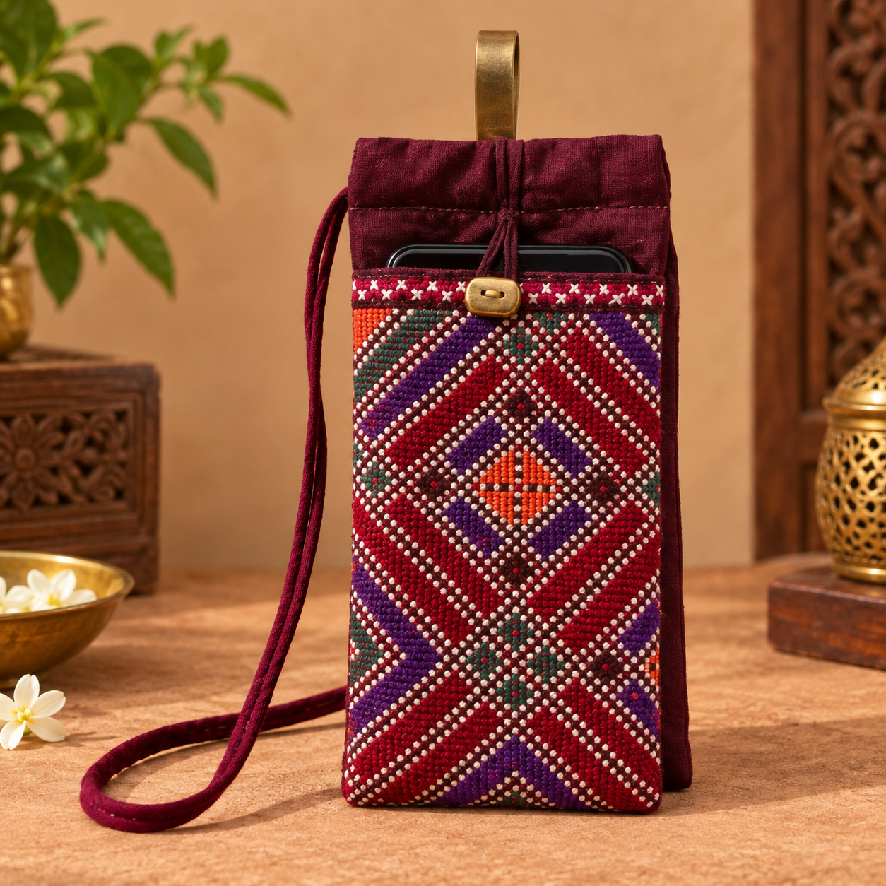 MOBILECOVER – Hand-Embroidered Mobile Pouch – Maroon